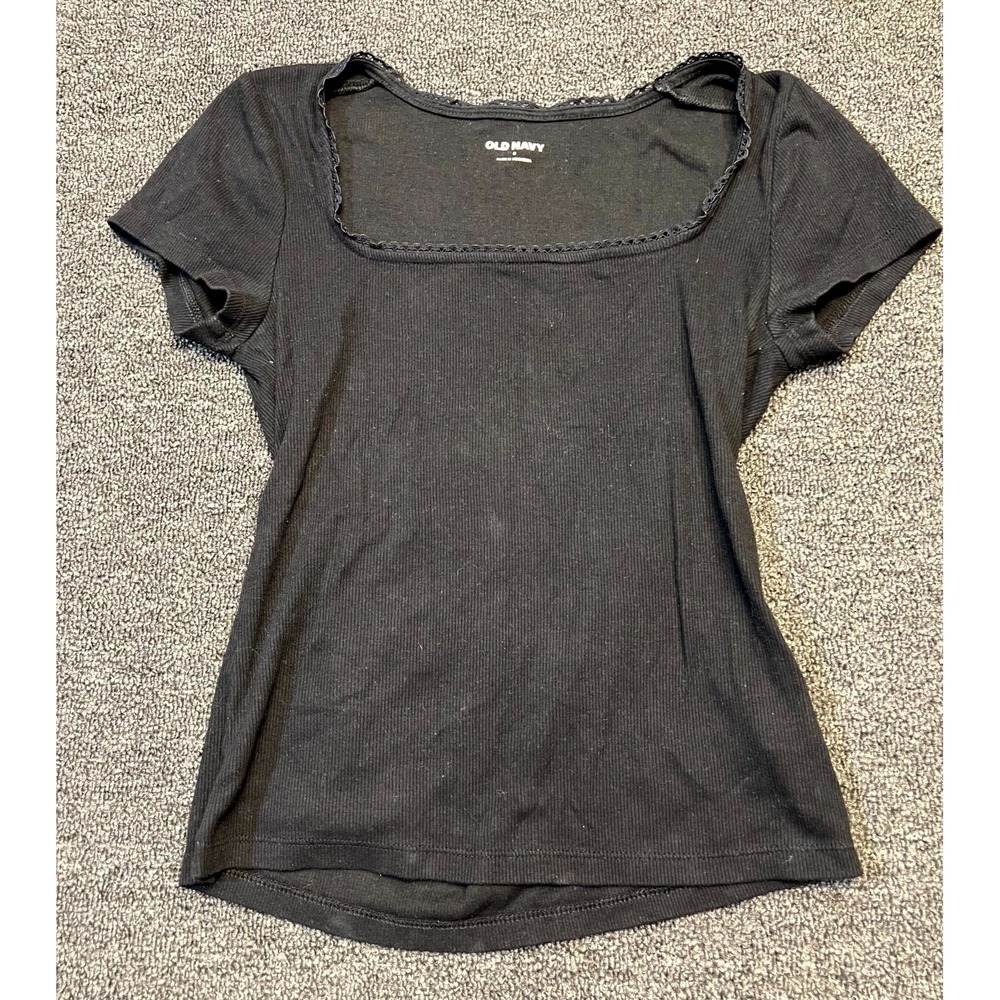 Old Navy Top Womens Small Black Cotton Ribbed Lace Trim Square Neck Short Sleeve